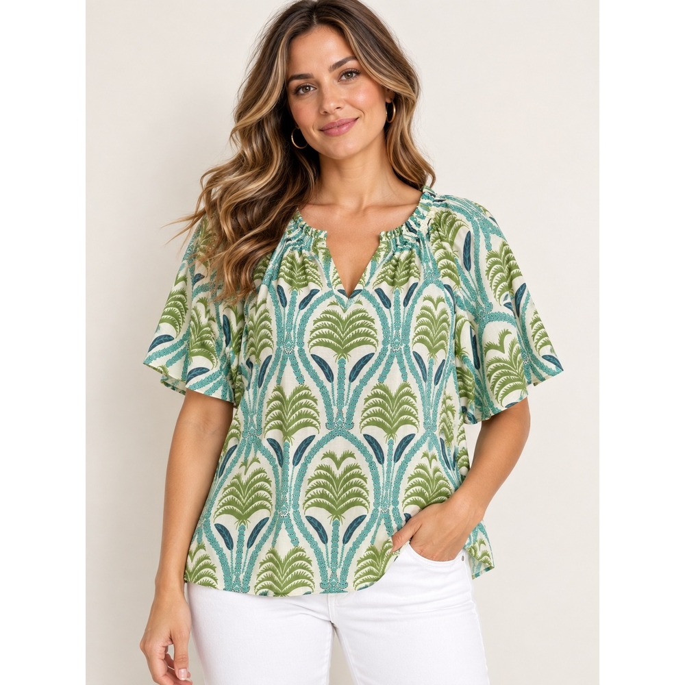Rose + Olive Blouse Womens XL Palm Print Flutter Sleeve Boho Tropical Top